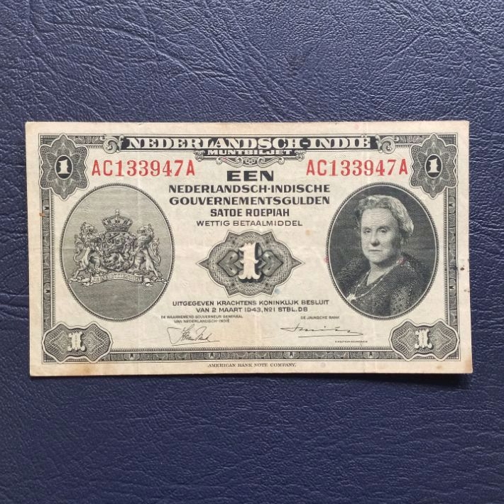 Uang kuno Een Gulden atau 1 Rupiah Nederlandsch Indie Muntbiljet tahun 1943