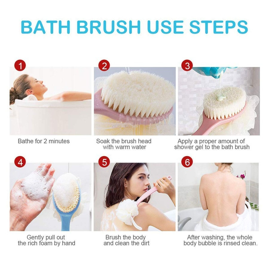 Minigo Sikat Punggung Shower Puff 2in1 / Alat Bantu Pembersih Penggosok Badan 2 Sisi / Body Brush + Spons Double Side Long Handle