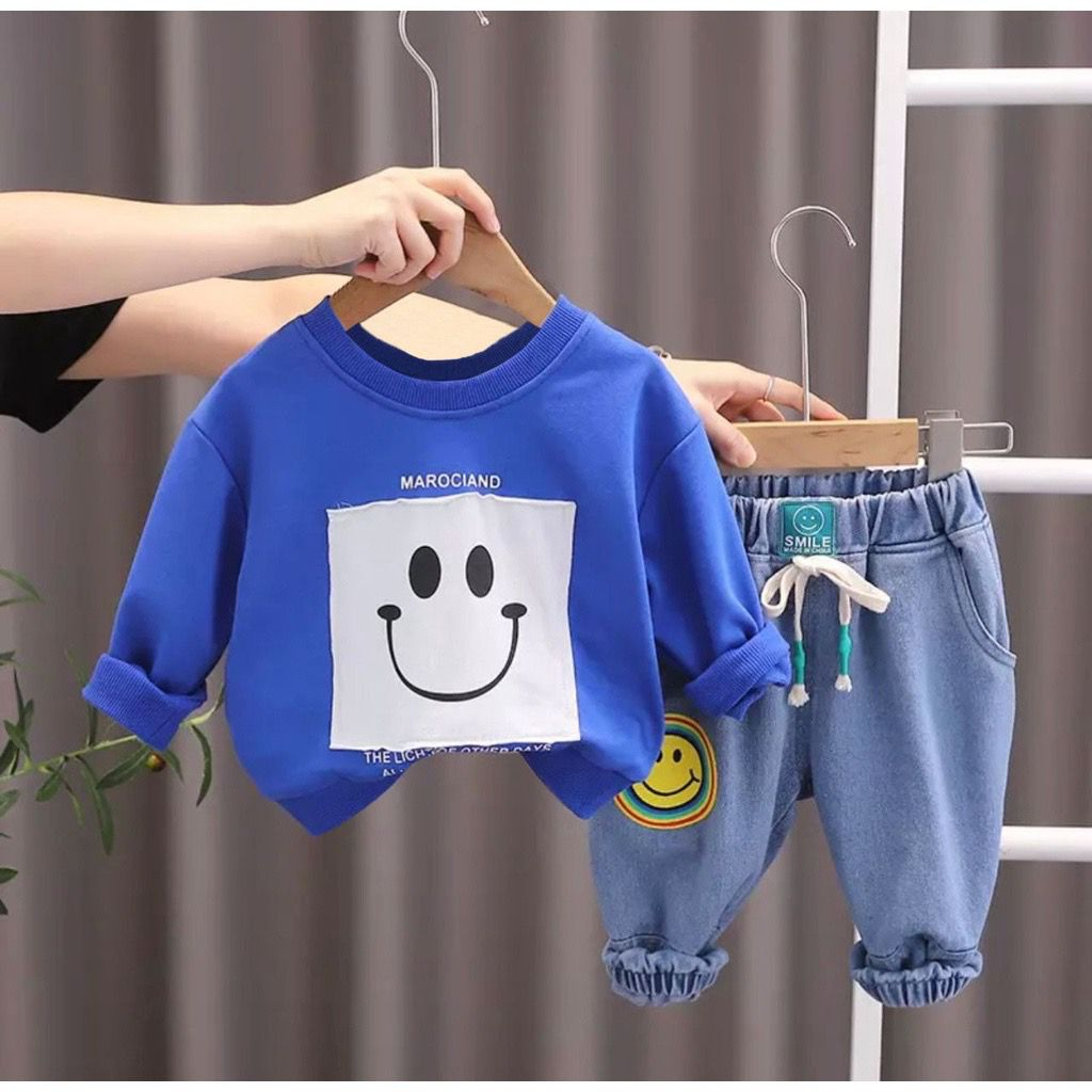 SETELAN SWEATER SMILE LUCU DAN CELANA JEANS JOGER ANAK IMPORT USIA 1-5 TAHUN/SWEATER SMILE DENIM/OUTFID FASHION BABY BAYI KEKINIAN TERPOPULER