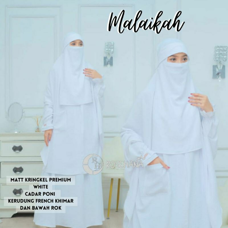 baju haji umroh hitam putih wanita malaikah french khimar cadar syari set hijab rok ori rosehana bah