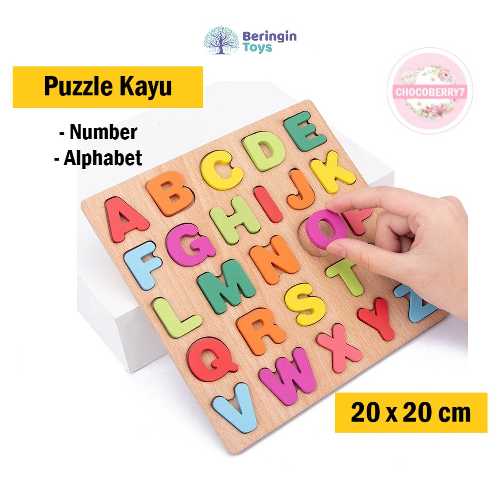 Beringin Toys Mainan Edukasi Puzzle Kayu Huruf Besar dan Angka 20x20cm - MKQ Number &amp; Alphabet Wooden Puzzle Anak