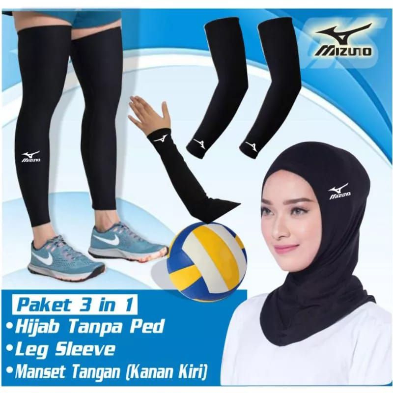 Set pakaian olahraga cewek voli manset tangan hijab voli dekker kaki mizuno