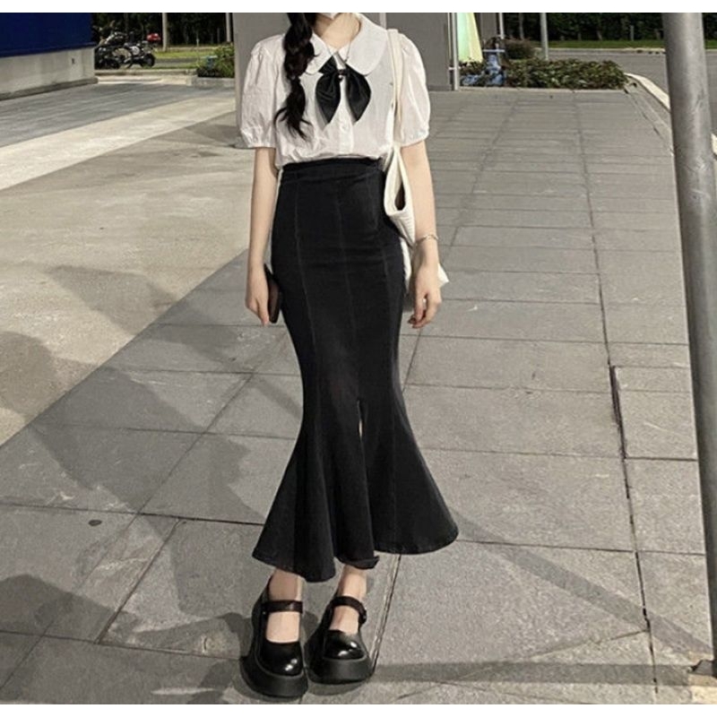 Rok korean style fishtail jeans ruffle