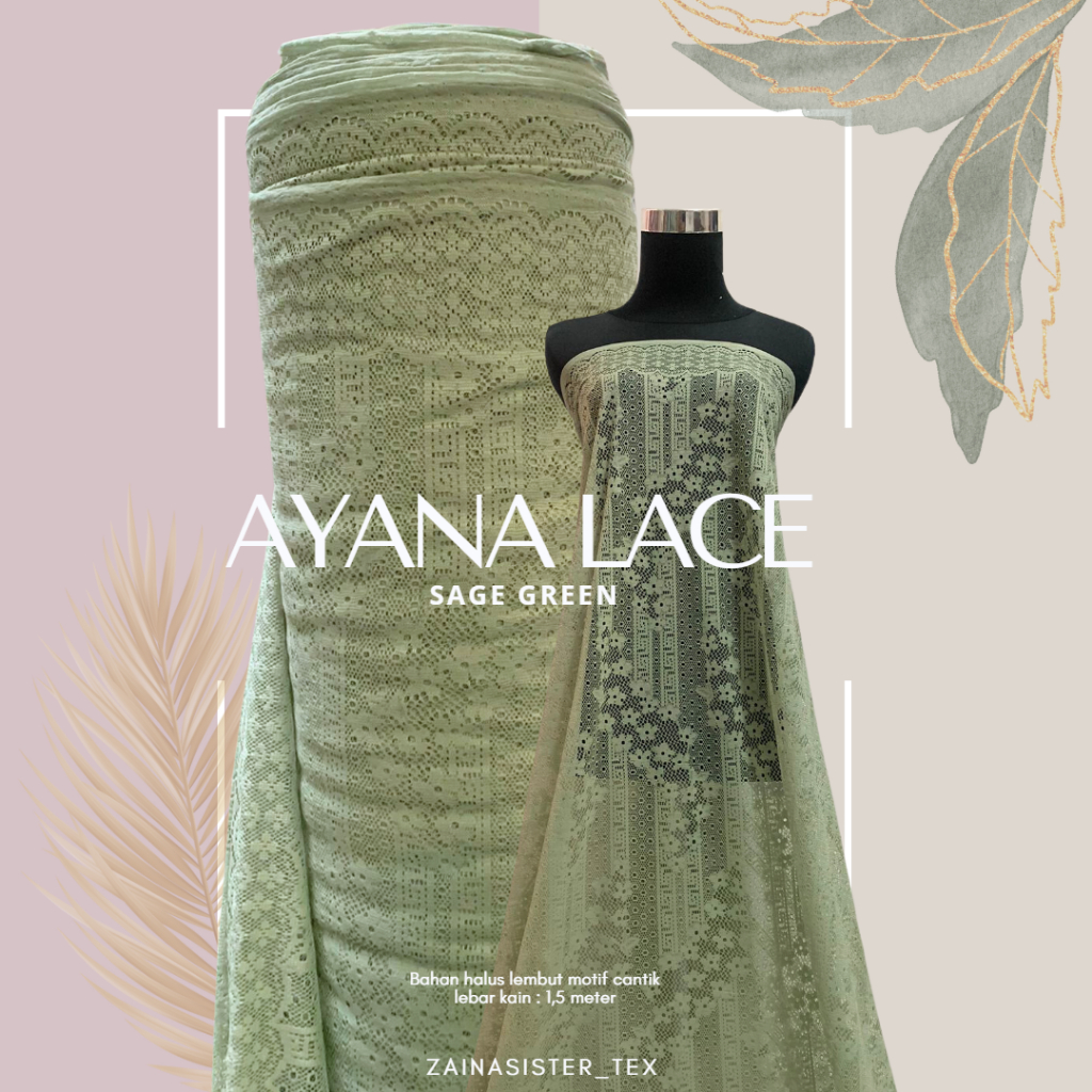 Kain Kebaya Brokat Brukat Lace Ayana Motif Bunga Warna Hijau Sage Green