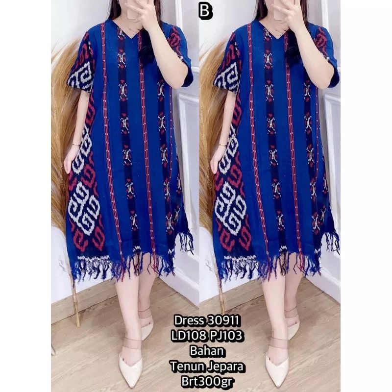 BAJU DRESS TENUN, KOMBINASI RUMBAI MOTIF ETNICK