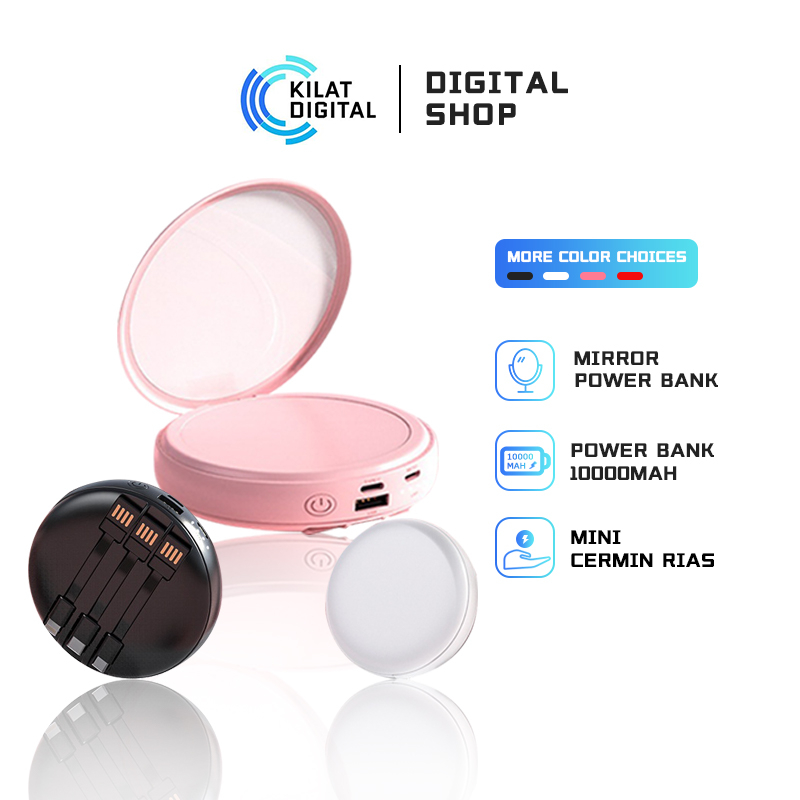 Mirror Powerbank Mini 10000mAh with Makeup Mirror Fast Charging Power Bank For iPhone Type-c Micro USB Battery Usb 50000mah 20000mah Powerbank Mini Solar Powerbank Protable Pengisian Cepat dengan Cermin Rias