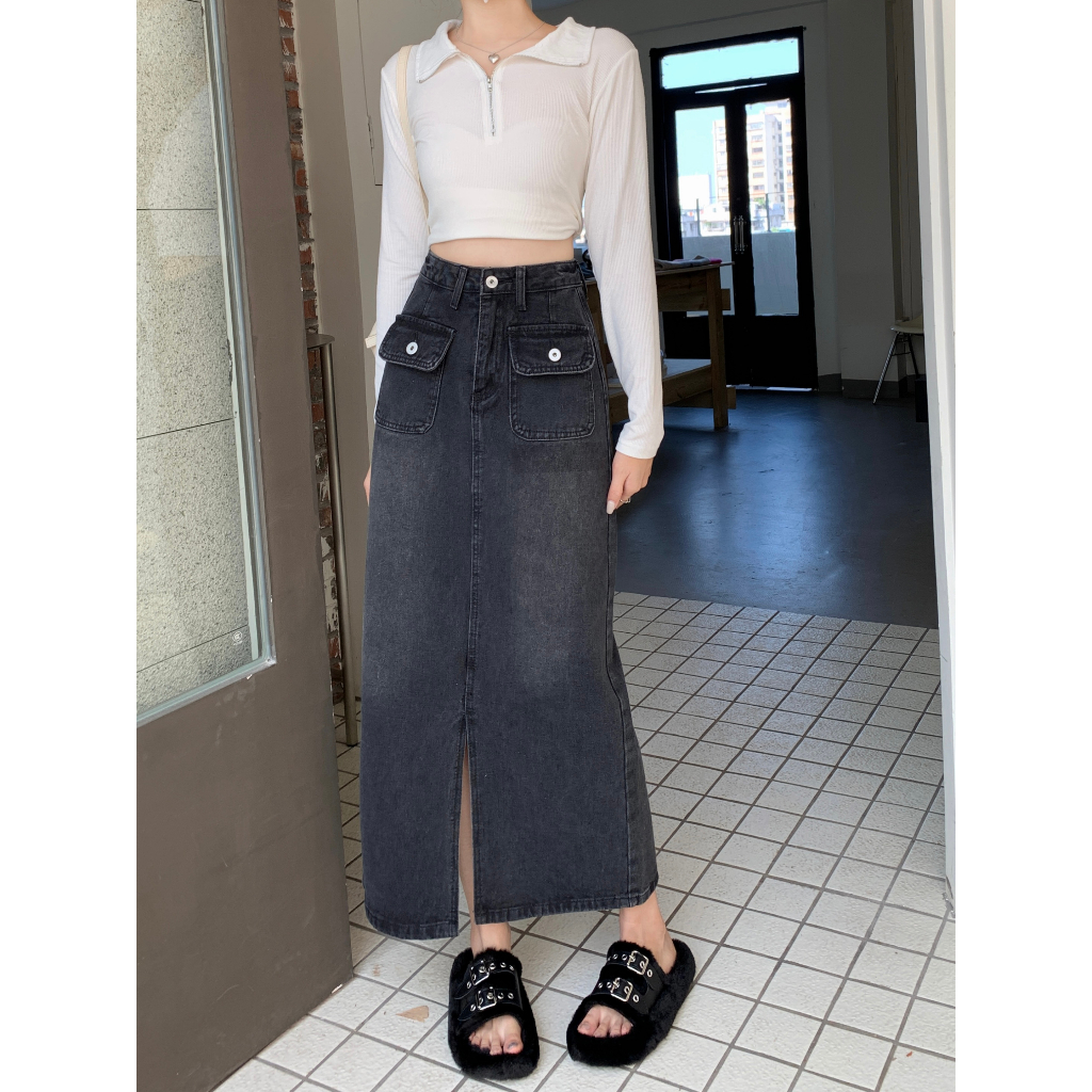 Korean style Rok Midi Panjang Split Skirt Denim High Waist