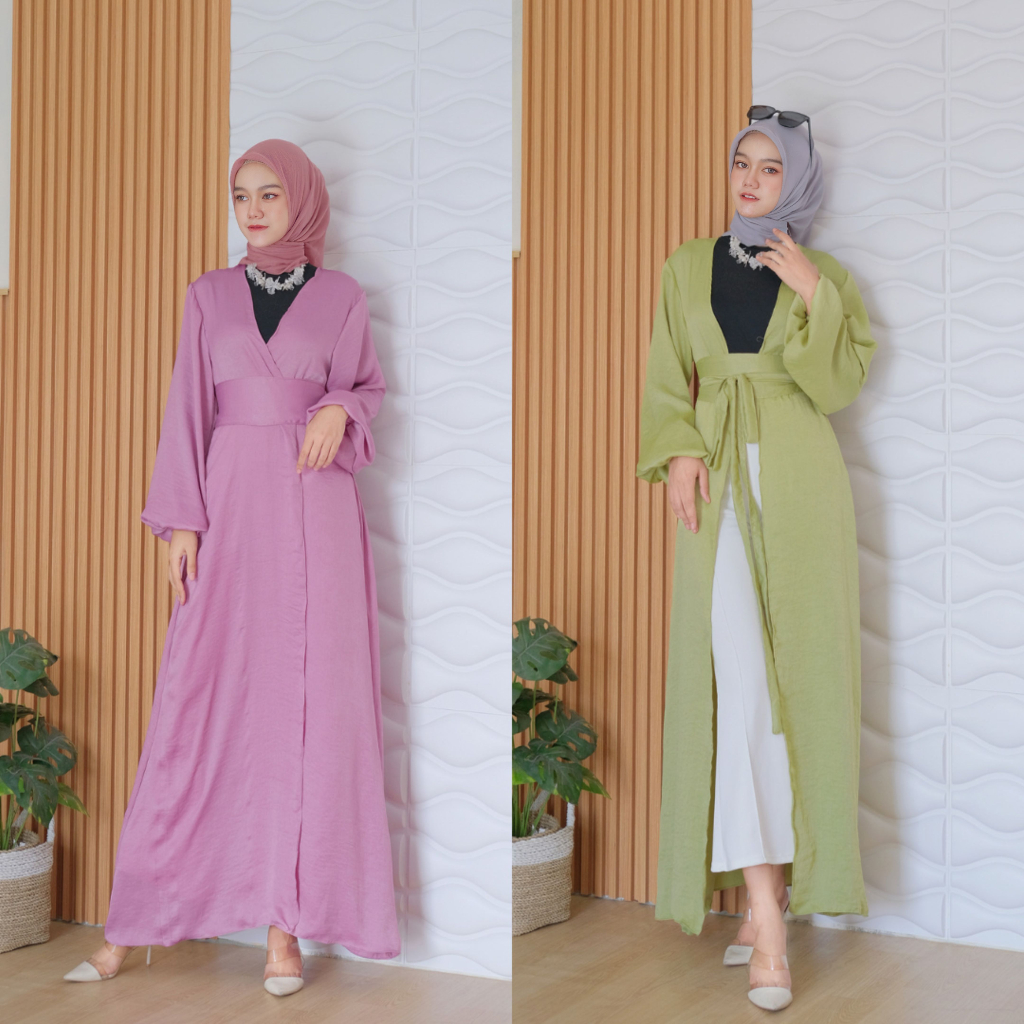 Abaya Outer Shimmer Premium Silk Santorini Andini Dress Outer Silk Satin Tali  - Dress Satin Premium  - Outer Tali Size Jumbo Abaya Outer Silk Santorini Shimmer Premium - Long Outer Silk Satin Tali - Dress Outer Silk