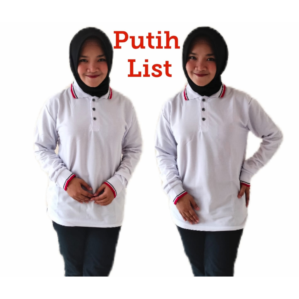 Kaos Kerah FO LIST Panjang Wanita warna Putih - Kaos Kerah Lengan Panjang FO LIST - Kaos Kerah Perem