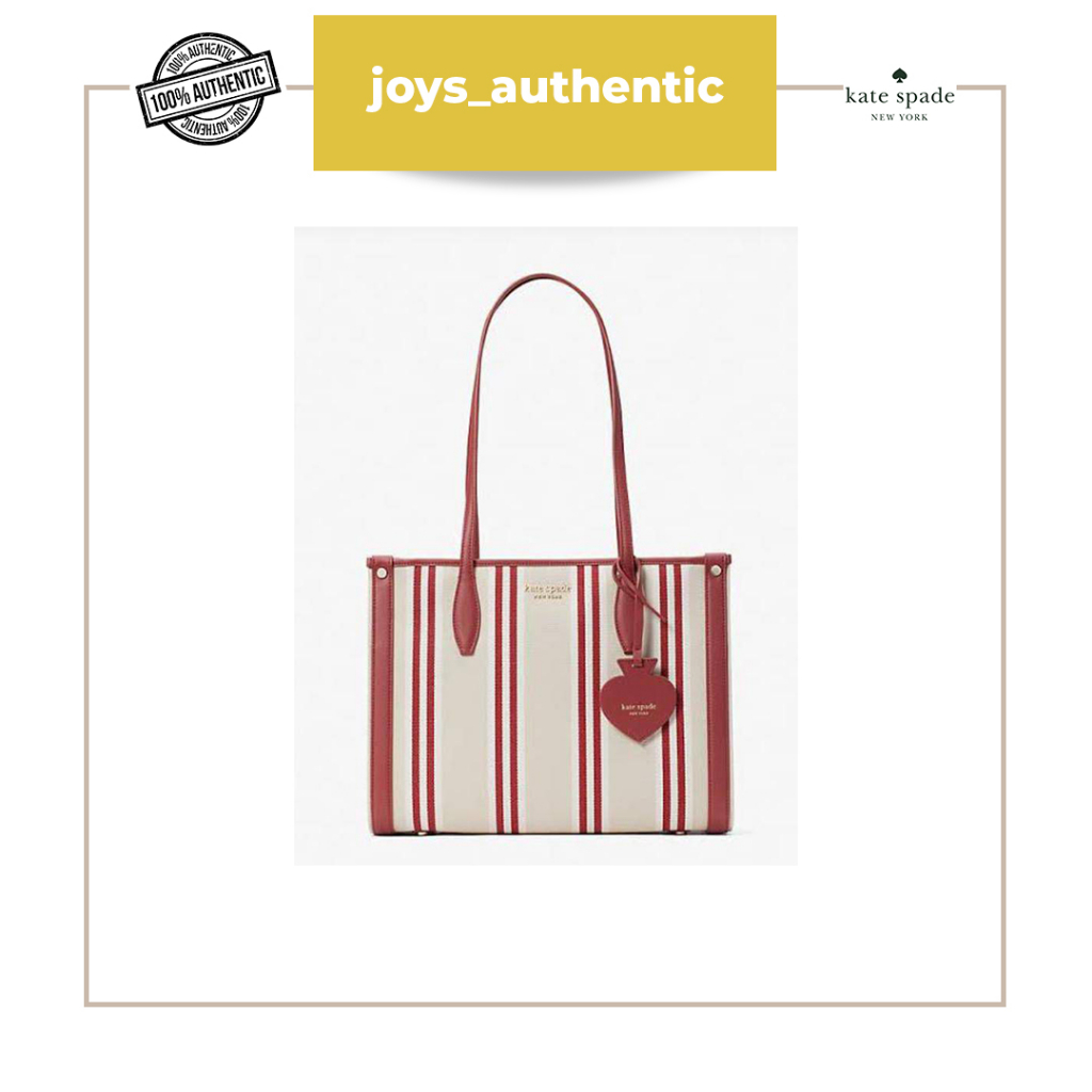 Tas Wanita Kate Spade Market Sam Stripe Canvas Medium Tote Merah Red Jasper Woman Bag Authentic Orig
