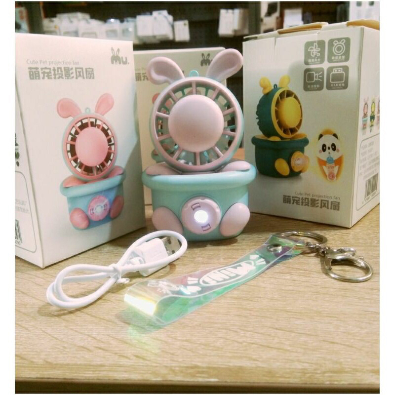 039 kipas angin mini fan portable karakter cute panda rechargeable usb c kipas meja berdiri plus tali gantungan