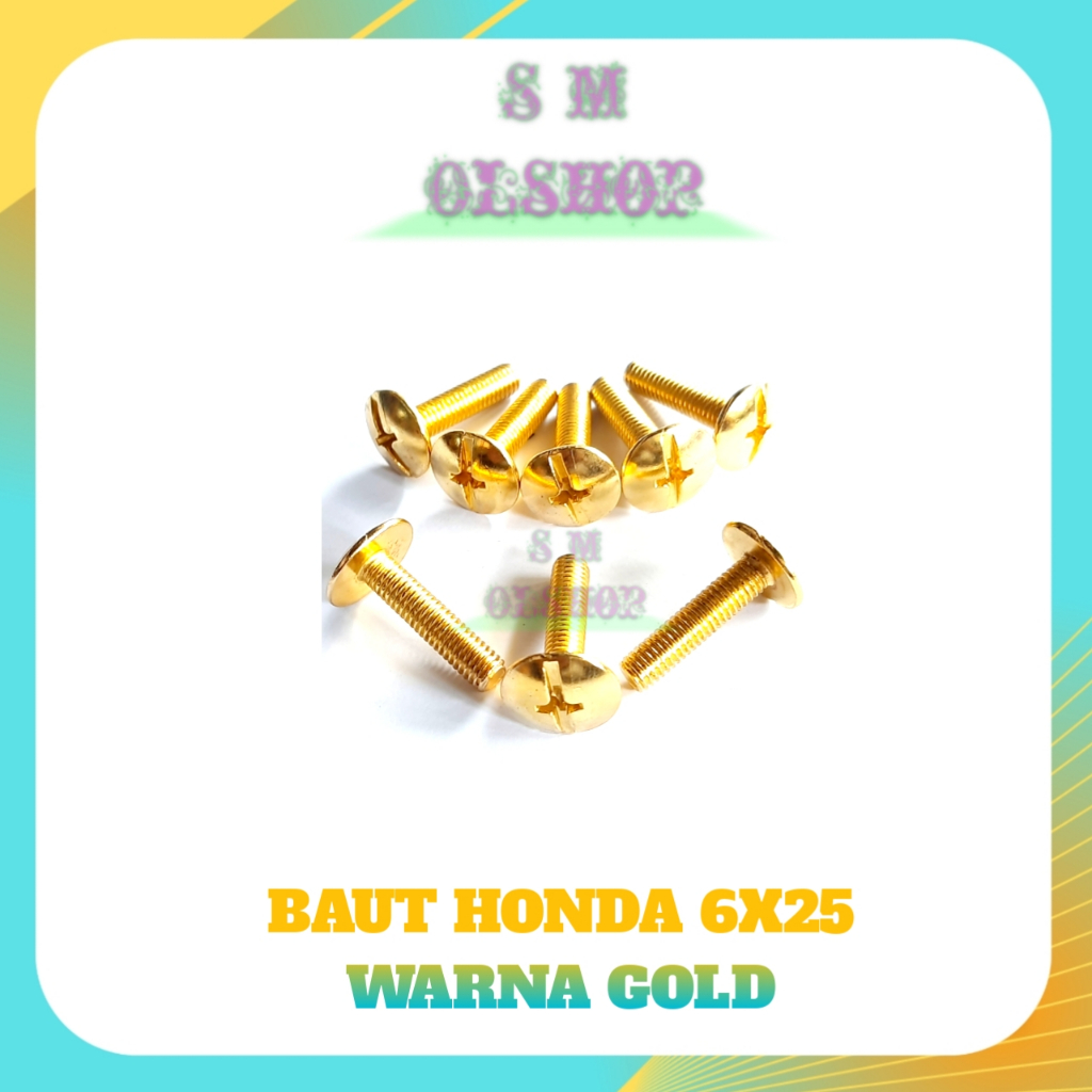 10 Baut Bodi Honda GOLD 6x25 Baut Body Honda Warna GOLD Baut Cover Body Samping Motor Honda Mega Pro Supra Kharisma Ukuran 6x25