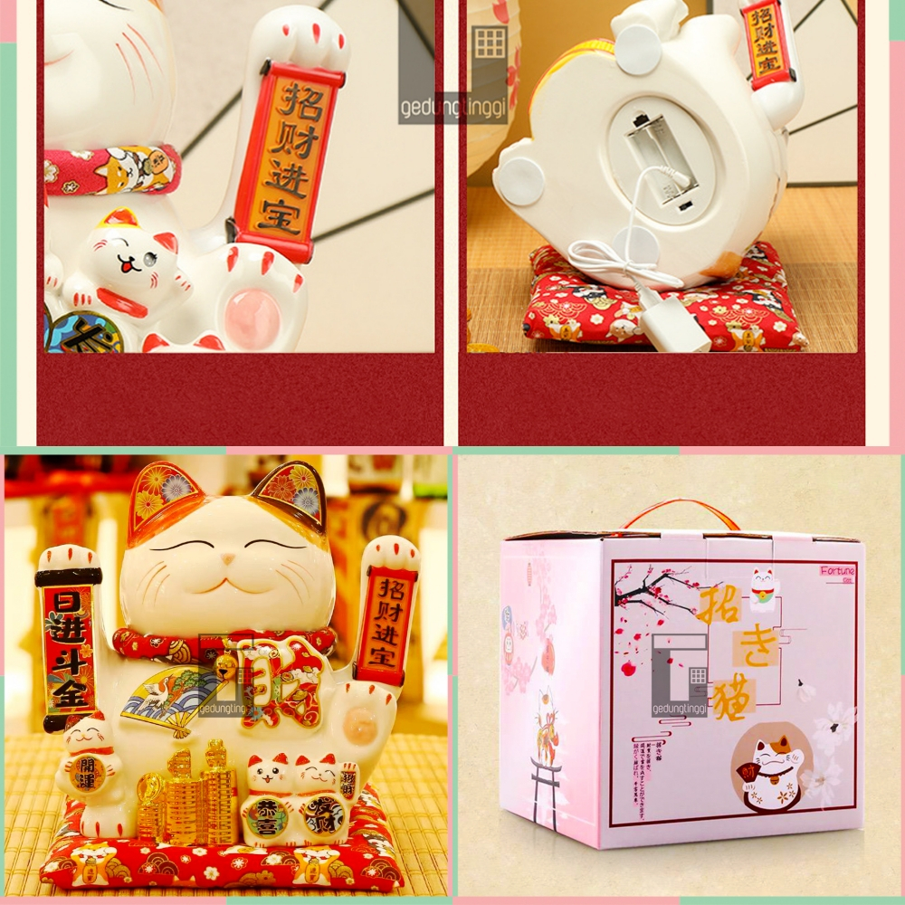 Pajangan Hiasan Patung Boneka Kucing Hoki Rejeki Lucky Cat Maneki Neko Maneko Neki Keberuntungan Keramik Ceramic Porselen China Cina Jepang Baterai Batre Batrai Batrei Listrik Ukuran Besar Big Size XL XXL 3XL Sedang Medium Kecil Small Toko Cafe Kafe Kasir