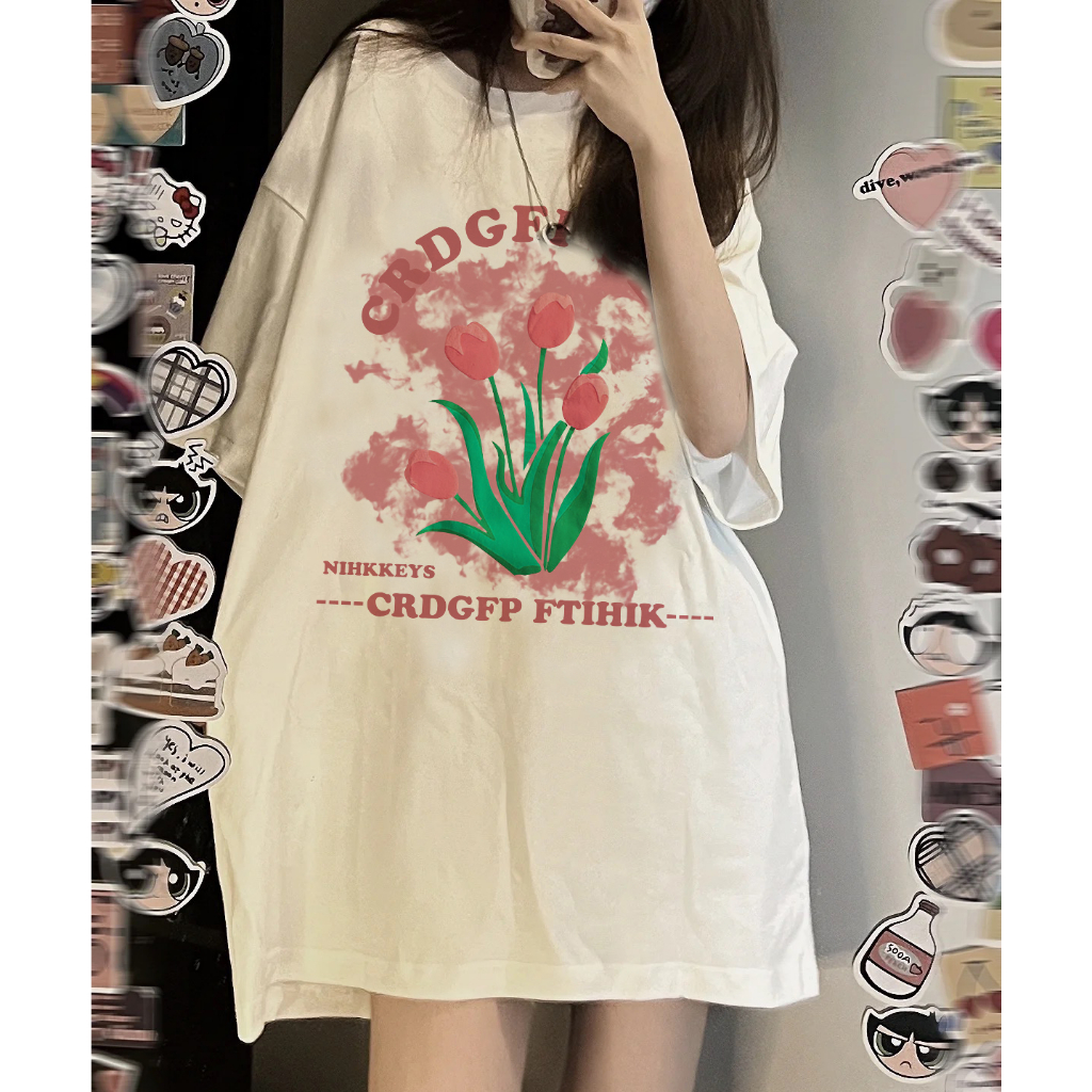 EUNII T-shirt Lengan Pendek Cartoon Pink Tulip Korean Style/Kaos Atasan Wanita/Baju Kaus Oversize Wanita/Kaos Wanita