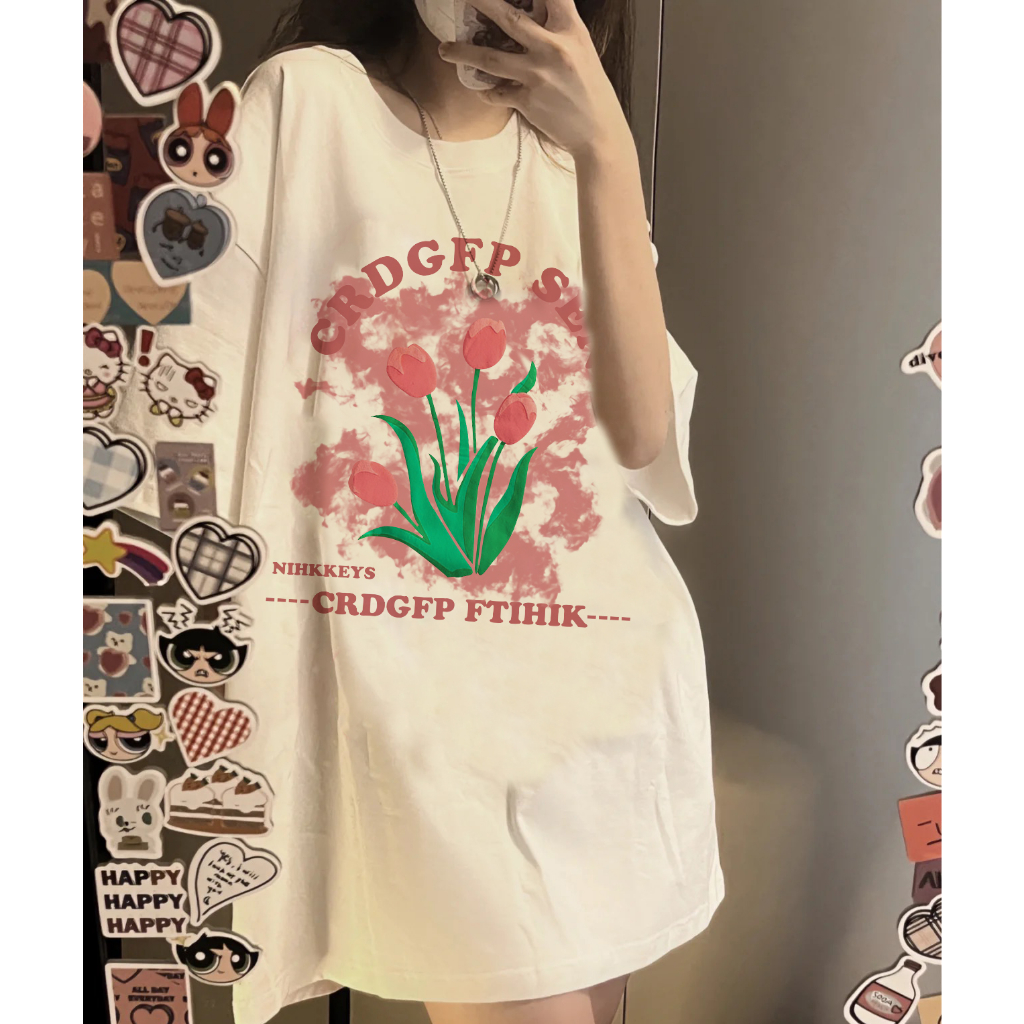 EUNII T-shirt Lengan Pendek Cartoon Pink Tulip Korean Style/Kaos Atasan Wanita/Baju Kaus Oversize Wanita/Kaos Wanita