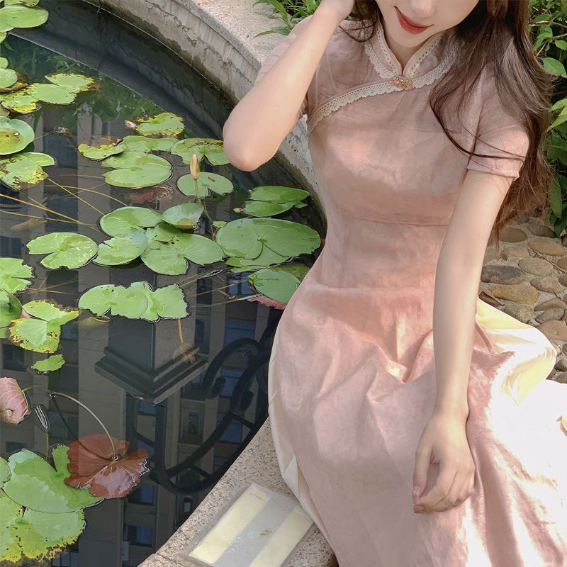 Dress Cheongsam Pink Feminim Beauty Girl M494