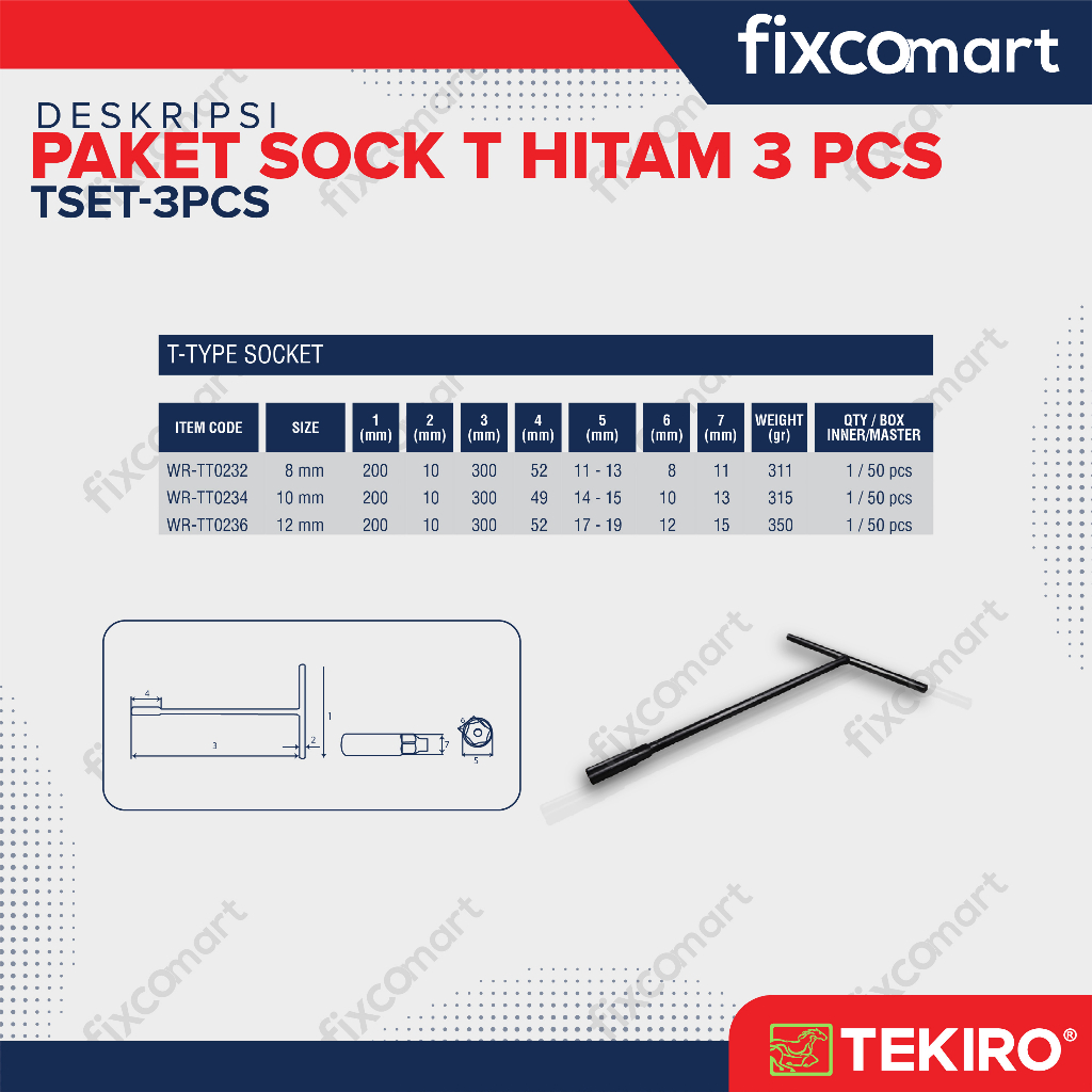 TEKIRO Fixcomart - Tekiro Paket Kunci Sock T Hitam (8-10-12 Mm) / Tekiro Kunci T Set 3 Pcs