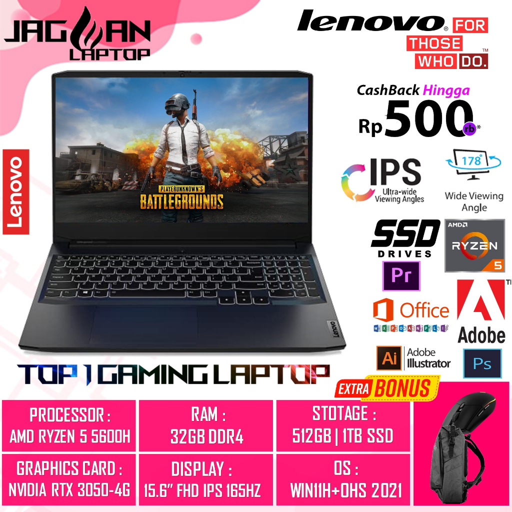 LAPTOP GAMING LENOVO IDEAPAD GAMING 3 15 AMD RYZEN 5 5600H 32GB 1TB RTX3050-4GB 15.6&quot; FHD IPS 165HZ 100SRGB 4ZRGB WIN11HOME + OHS SHADOW BLACK