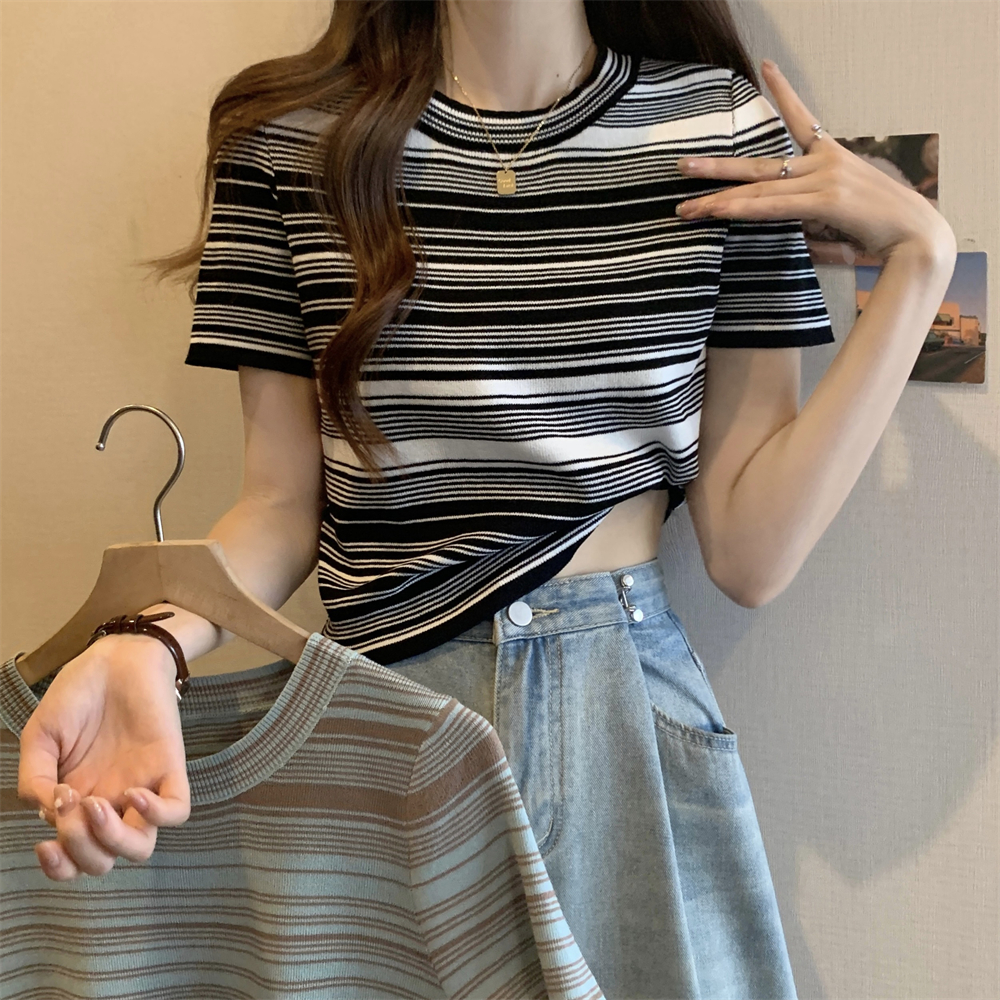 XIAOZHAINV Korean Style Knit Colorful Stripe Kaos Atasan Wanita 0800