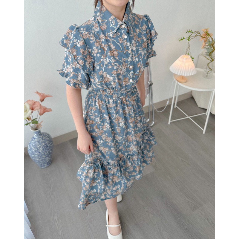 KANON - Siren Crinkle Dress - Dress pantai / musim panas midi vintage korean look motif bunga