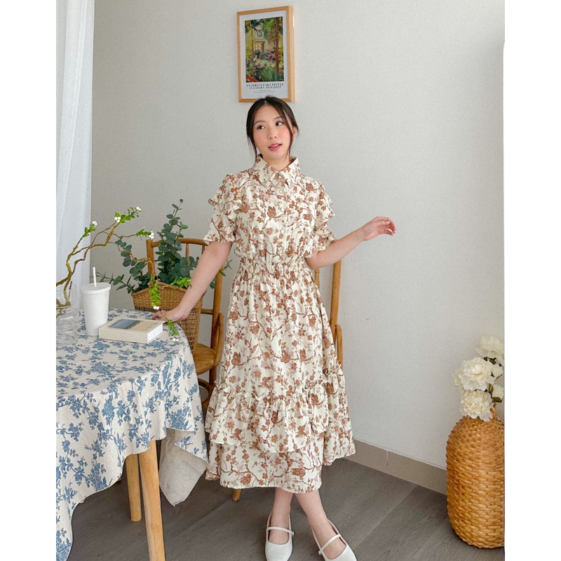 KANON - Siren Crinkle Dress - Dress pantai / musim panas midi vintage korean look motif bunga