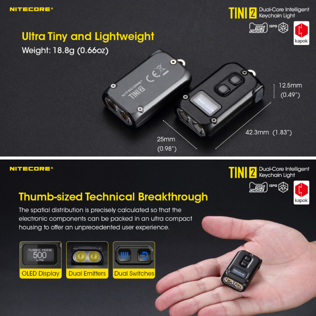 NITECORE Senter LED Mini Gantungan Kunci EDC Rechargable 500lm 280mAh - TINI2 - Black