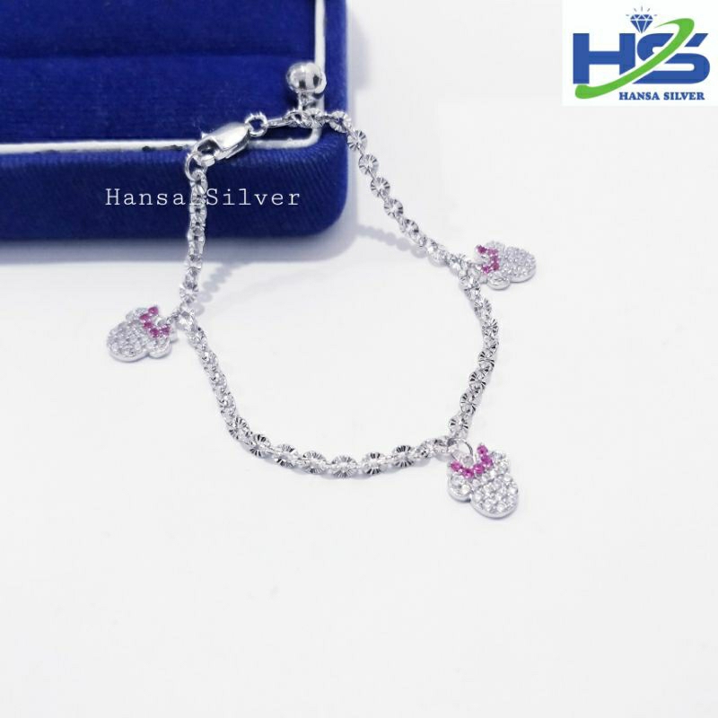 Gelang Perak Anak Asli Silver 925 Lapis Emas Putih Model Rantai Nori Mickey Mouse Permata Pink - Perak Asli 925 Anti karat