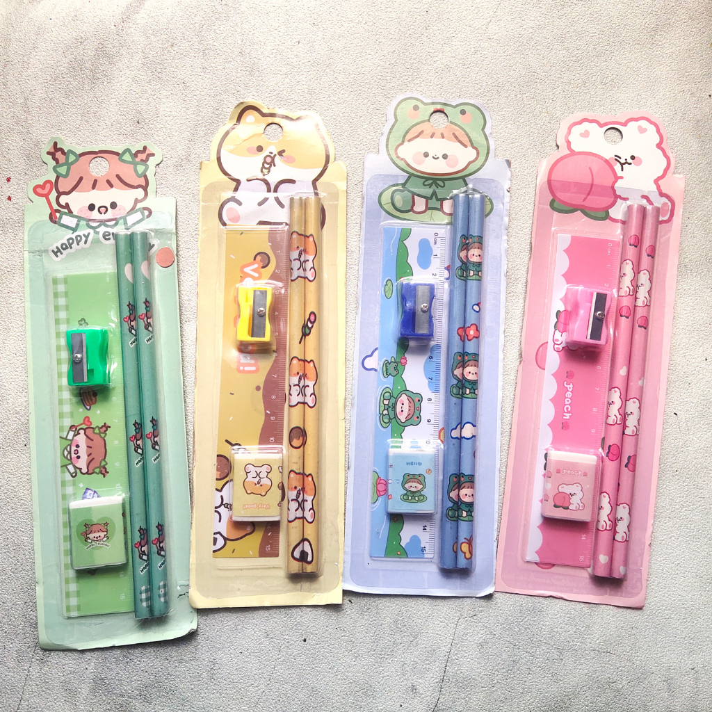 

Peralatan Set alat tulis pensil perlengkapan menulis penggaris rautan penghapus garisan 1 pak pink hijau orange hamster cat cute lucu