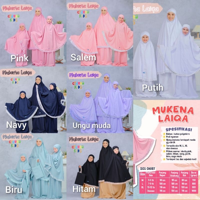 Mukena Laiqa anak dan dewasa by Gynura kids / mukena polos renda