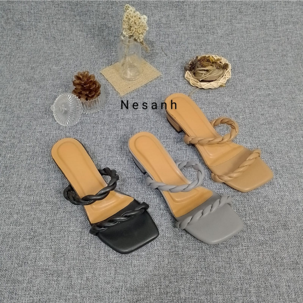 Sandal Heels Wanita Tali Kepang Hak 3cm NESANH - TANIA