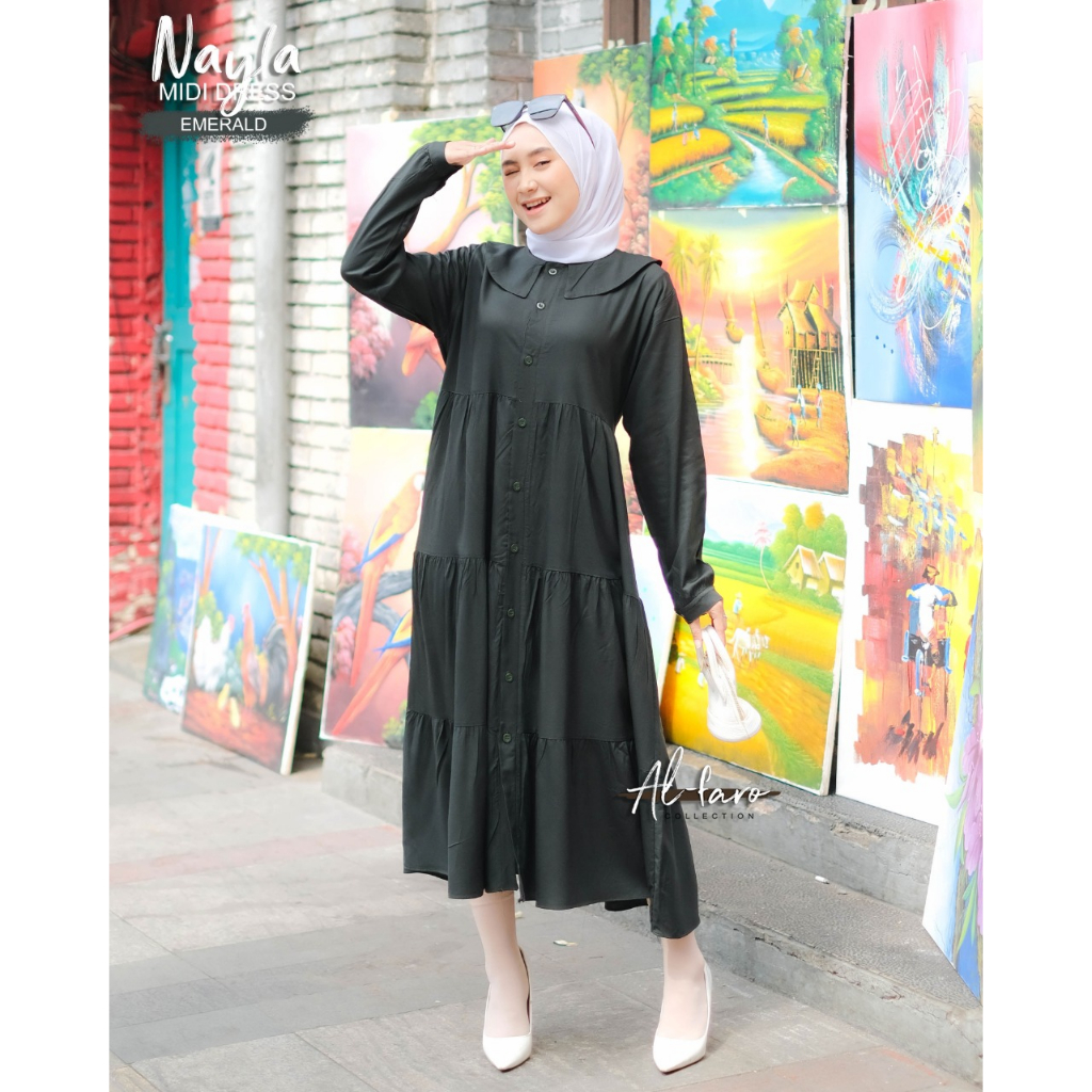 MIDI DRESS NAYLA DEA NALA Alfaro katun twill Cringkel premium nyaman adem daily wear