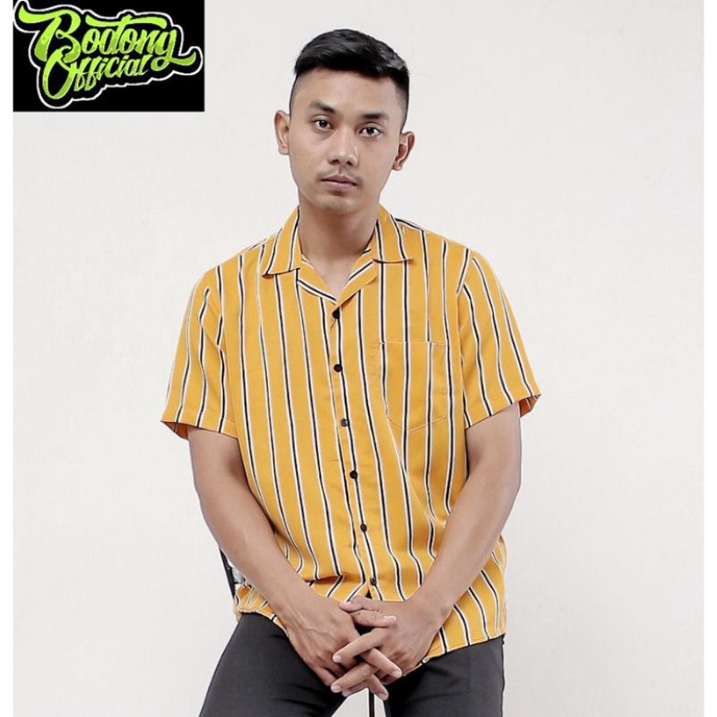 Kemeja Pria Vintage Casual Salur Lengan Pendek Retro Pantai Hawai Unisex