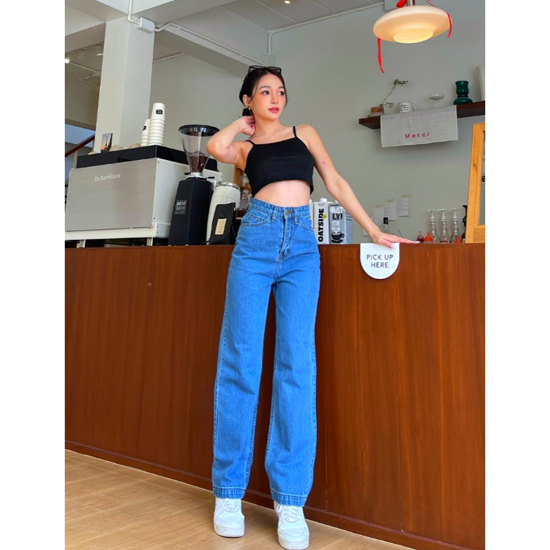 YAOSHI - Celana panjang Highwaist Jeans Wanita - Boyfriend Kulot loose  jeans basic lipat Gaya Korea