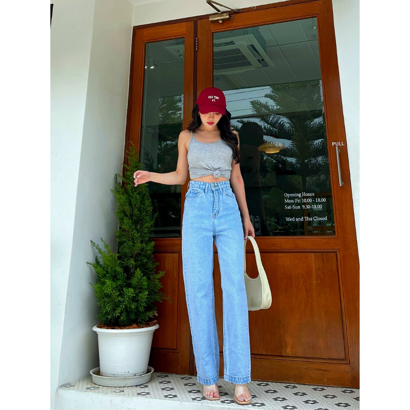 YAOSHI - Celana panjang Highwaist Jeans Wanita - Boyfriend Kulot loose  jeans basic lipat Gaya Korea