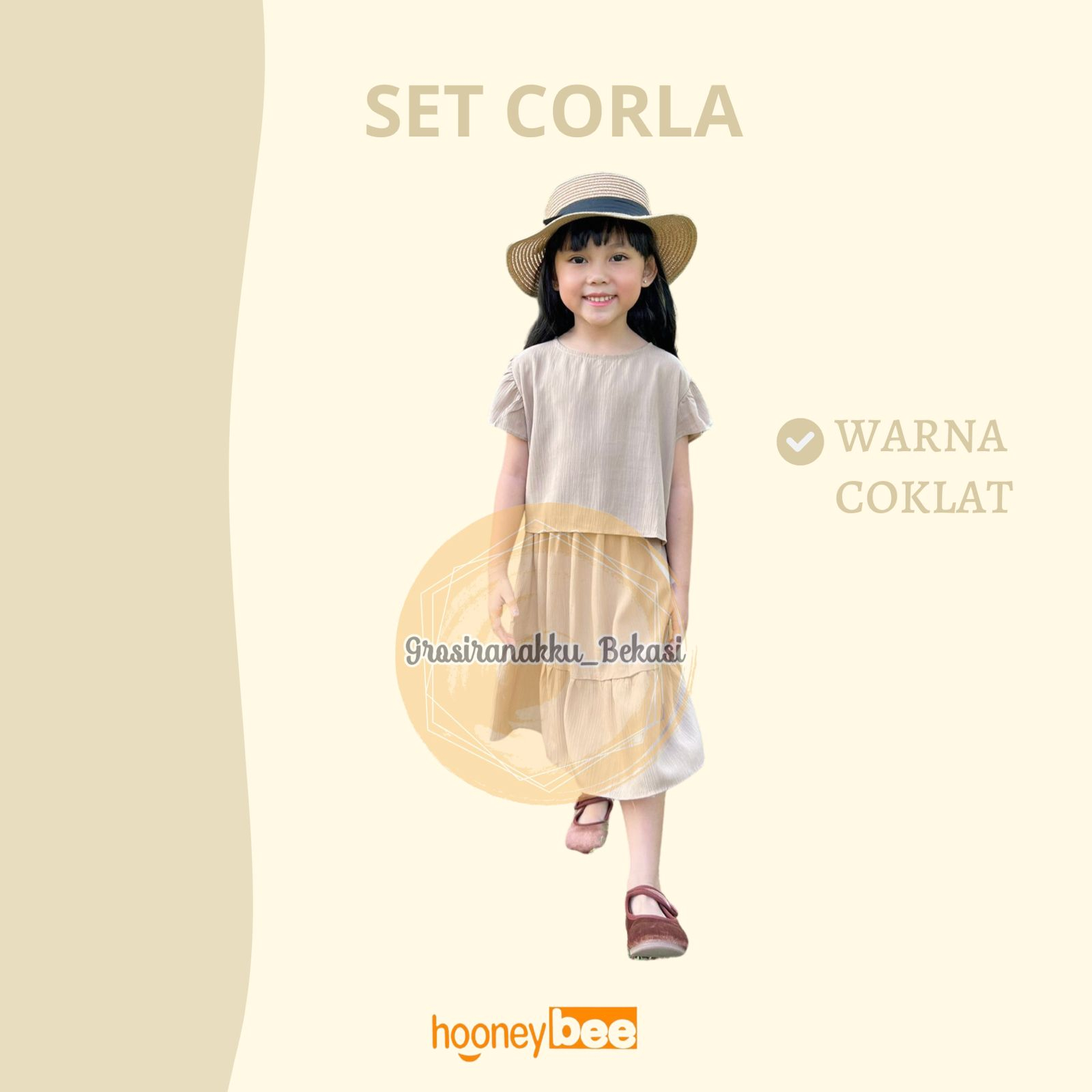 Setelan Anak Cewek Corla Hooneybee Warna Coklat Susu Size 1-5 Tahun