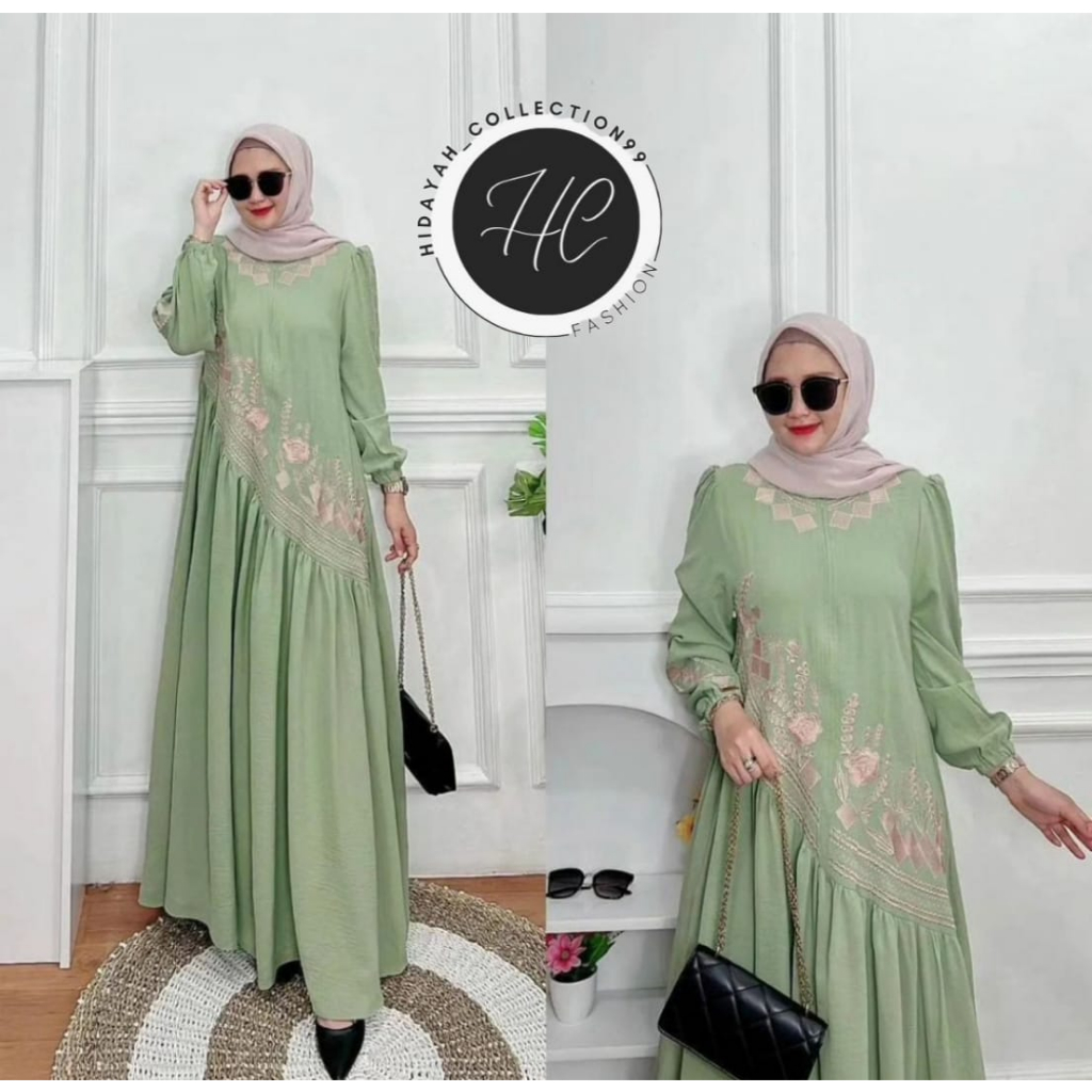 GAMIS BORDIR WARNA SAGE TERBARU 2023 BAJU PESTA WANITA KEKINIAN VENSA DRESS KONDANGAN TERBARU 2023 BAHAN CRINKL APLIKASI BORDIR BUSUI FREINDLY LENGAN KARET GAMIS WANITA TERLARIS ALL SIZE L,XL,XXL OOTD FASHION MUSLIMAH GAUN PESTA TERLARIS