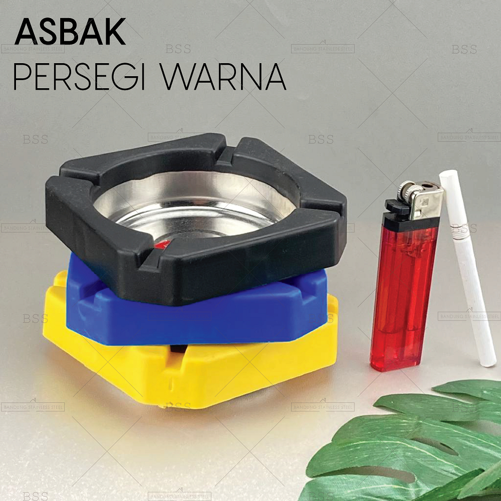 Asbak persegi lucu 3 warna murah stainless plastik hitam biru kuning