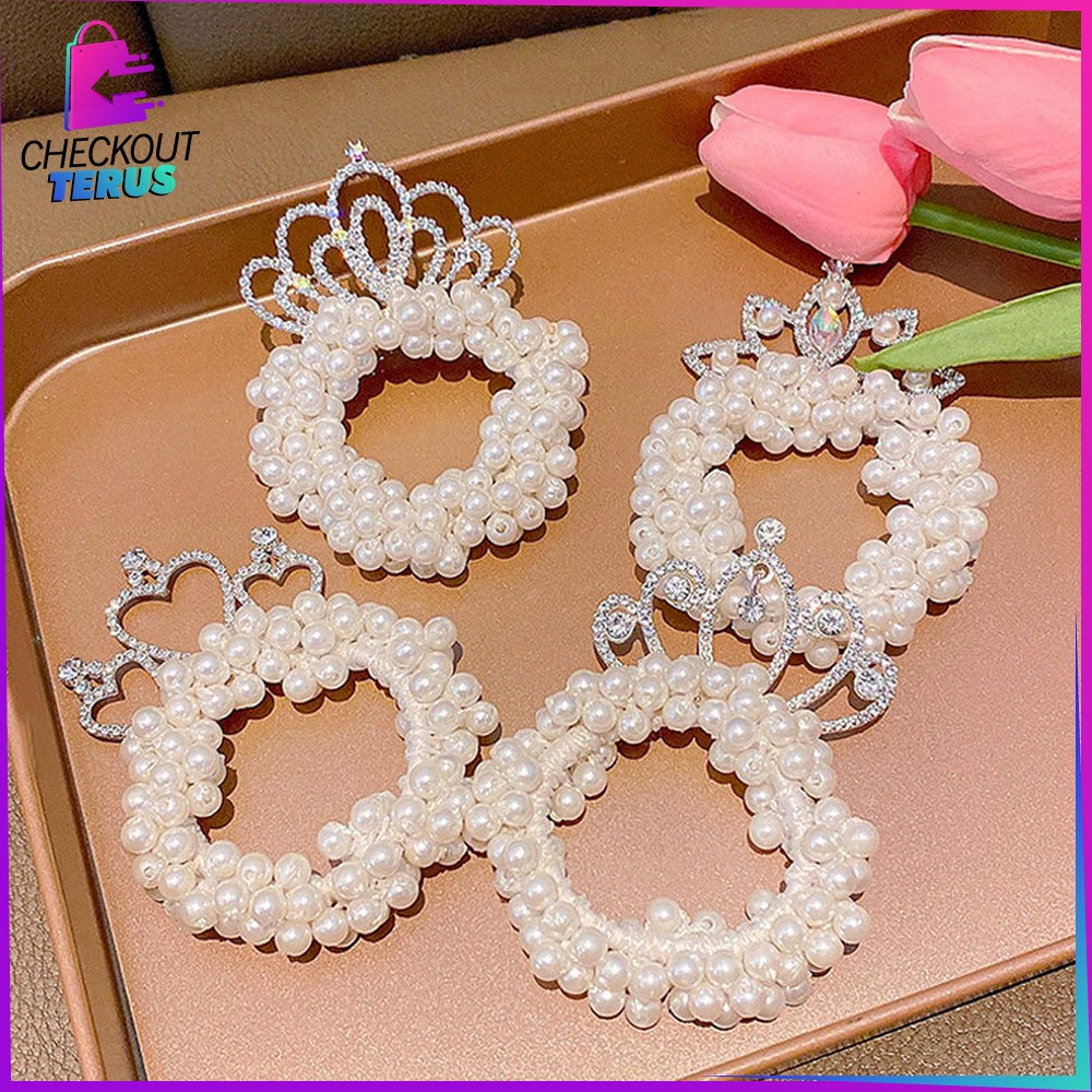 CT C879 Ikat Rambut Anak Perempuan Motif Mahkota Mutiara Korean Style Ikat Rambut Princess Lucu Girls Hair Ties Karet Rambut Mutiara Import