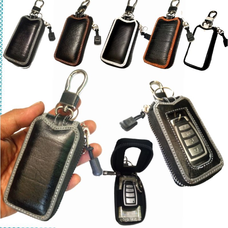 Dompet kunci remote keyless mobil kulit asli model polos universal transparan zipper dompet stnk