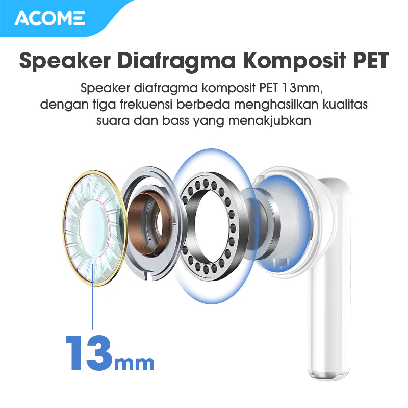 Acome Headset Earphone TWS Bluetooth 5.3 IPX4 Waterproof 3 Gram Ultra Light Inpods AT01 Garansi Resmi 1 Tahun