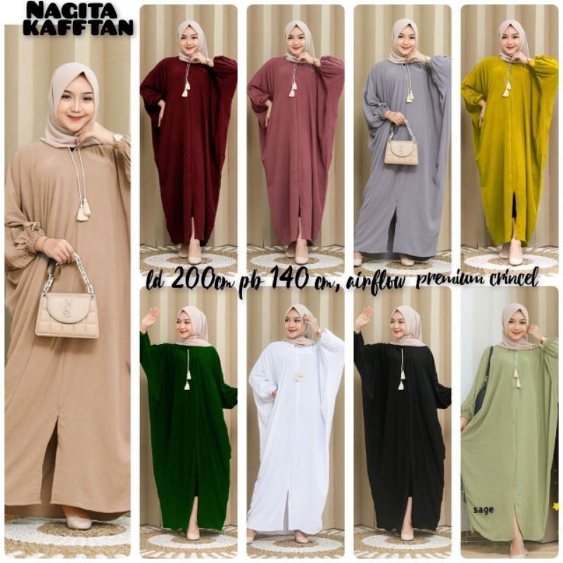 GAMIS ARAB NAGITA KAFTAN AIRFLOW CRINKLE BUSUI RESLETING DEPAN LD 200CM PB 140CM RAYON SUPER
