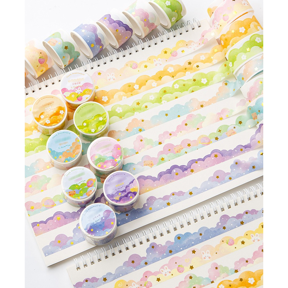 Washitape Masking Tape Selotip Kertas Motif Awan Warna Pastel Karakter Kartun Lucu Model Korea Jepang Aesthetic Untuk Hias buku Journal Diary Catatan Harian Memo Scraping Book HP Tempat Pensil ATK dll