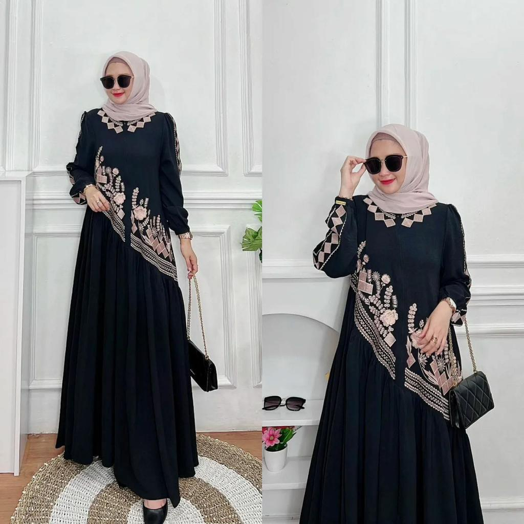 COD Vensa Maxy Dress Crincle Airflow Mix Bordir Premium / Gamis Kondangan Wanita Terbaru 2023 / Dress Wanita Kekinian