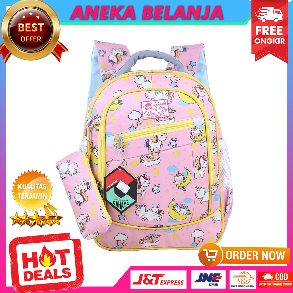 Tas Ransel Sekolah Anak Perempuan Motif Cahaya Pony Bulan Pink Terbaru Backpack Anak Cewek Impor TK SD SMP Bonus Raincover Dan Tempat Pensil Murah Tas Gendong Anak Ngaji LES Trendy Korean Style Bahan Tebal Kuat Berkualitas Tas Anak Fashionable Kekinian