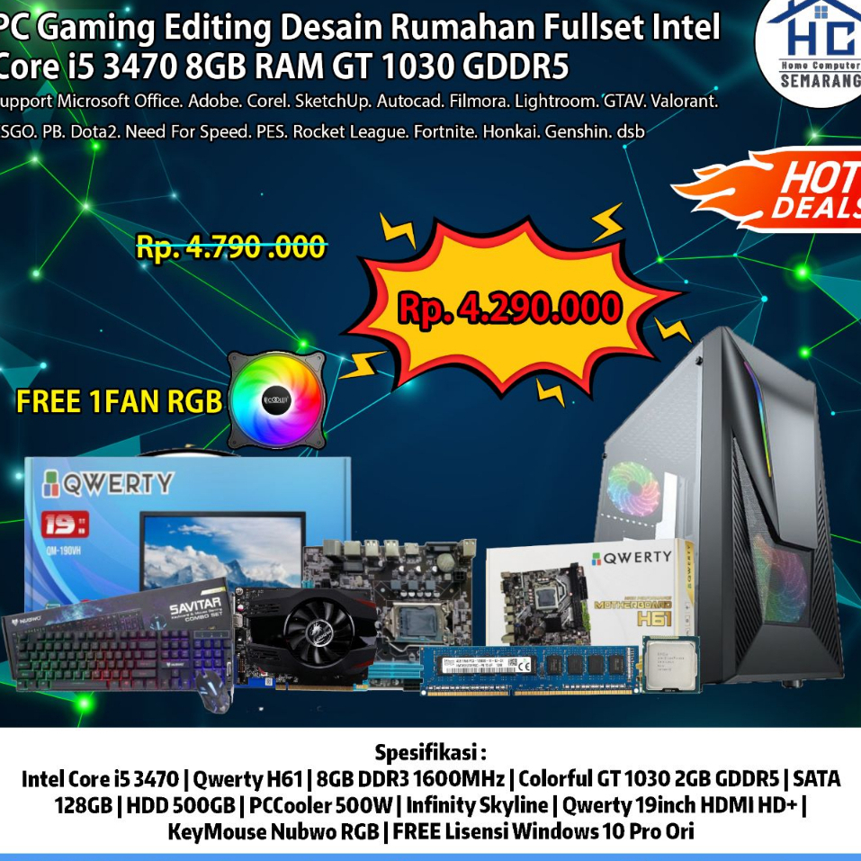 PC Gaming Editing Desain Rumahan Fullset Intel Core i5 3470 8GB RAM GT 1030 GDDR5