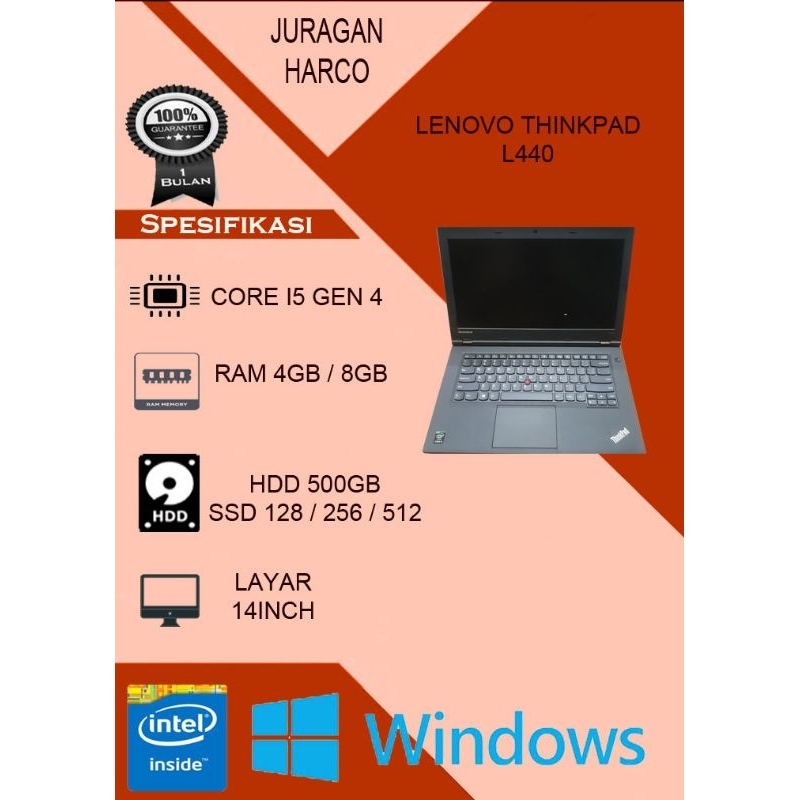 laptop Lenovo L440 Core i5 gen 4 ram 8gb SSD 256