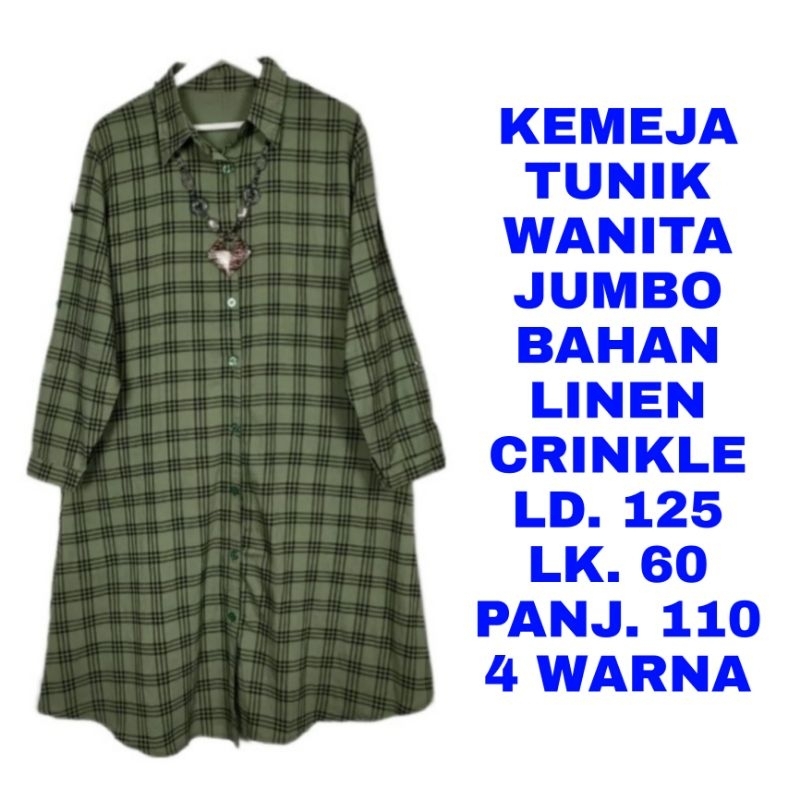 WK KEMEJA TUNIK KOTAK KOTAK WANITA JUMBO LD. 125 BAJU ATASAN LENGAN PANJANG MUSLIM