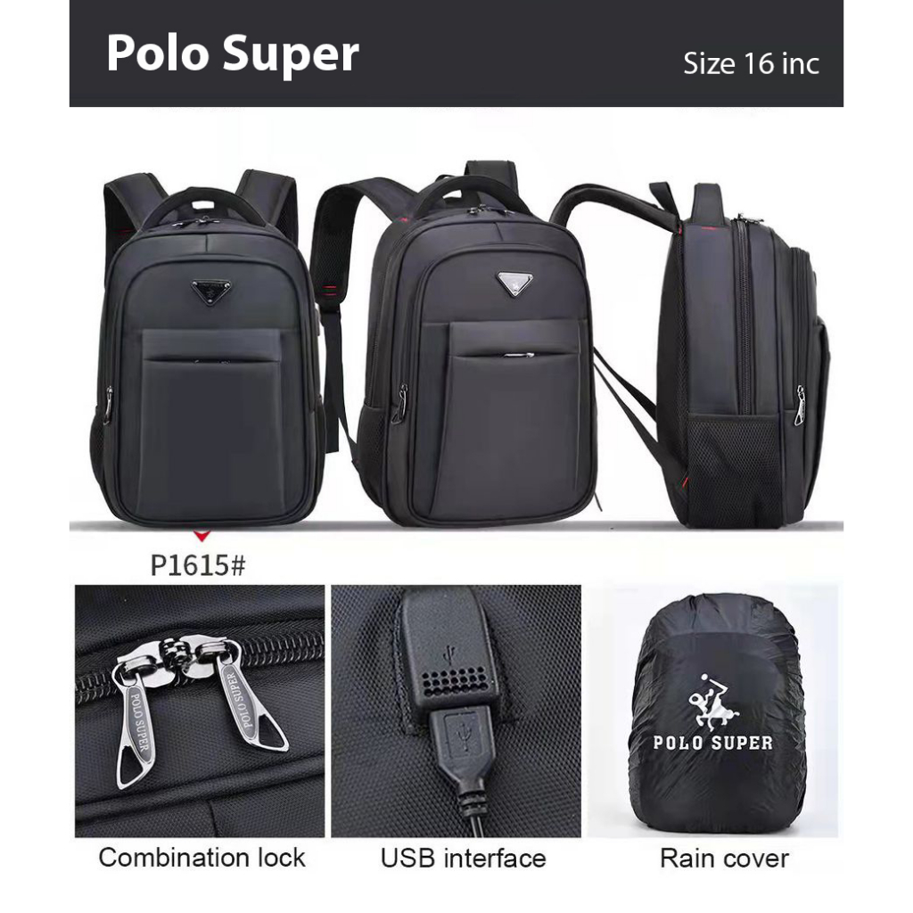 Polo Super - Tas Pria Ransel Laptop 16 inc Backpack Polo Original Import Tas Sekolah SMP-SMA Tas Kuliah Trendy Tas Kantoran Casual