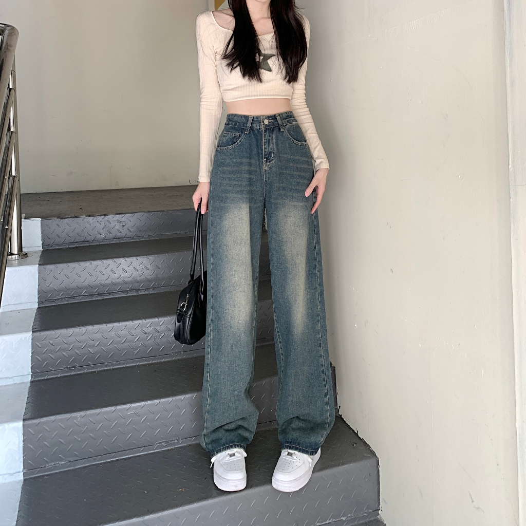 Korean Style Celana Jeans Wanita High Waist Straight Pants Boyfriend Jeans