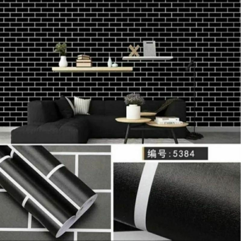 Wallpaper sticker dinding bata ukuran 45cm x 10 meter putih list hitam 3D minimalis aestehtic estetik untuk rumah kamar tempat tidur dapur furniture kayu triplek murah